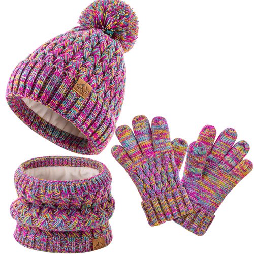 Kids Pompom Winter Beanie Hat Scart Gloves Set,Boys Girls Knitted Fleece Lined Woollen Hat for Children's Toddler 3-9 Years