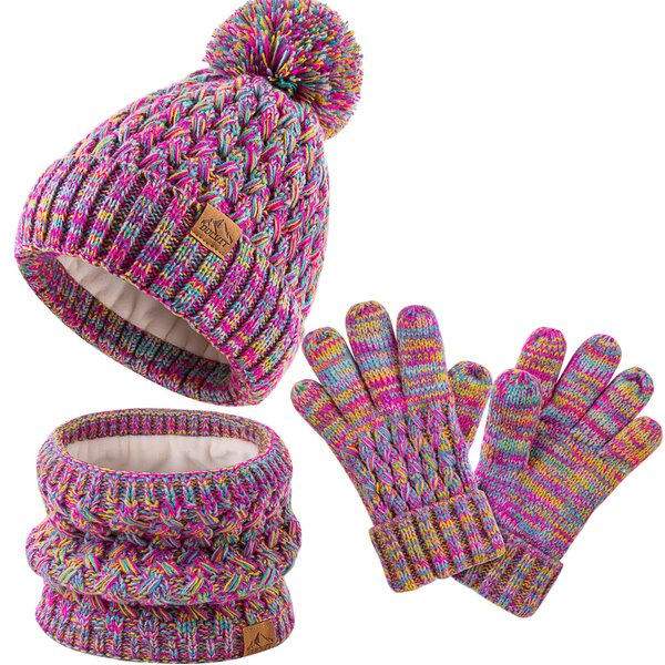 Kids Pompom Winter Beanie Hat Scart Gloves Set,Boys Girls Knitted Fleece Lined Woollen Hat for Children's Toddler 3-9 Years