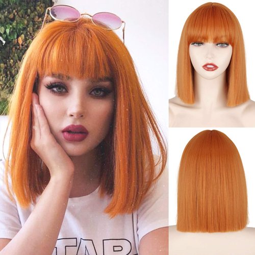 MERISIHAIR Short Orange Bob Wig with Bangs,Straight Bob Orange Wigs for Women,Cosplay Colorful Orange Bangs High Temperature Heat Resistant Wigs for Women(Orange)