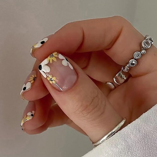 24pcs Pink Press on Nails Short Square Decoration Spring Glossy Fake Nails Short Coffin Flower Nail Supplies Acrylic Exquisite Nail Supplies for Women and Girls Full Cover Gel Reusable Set