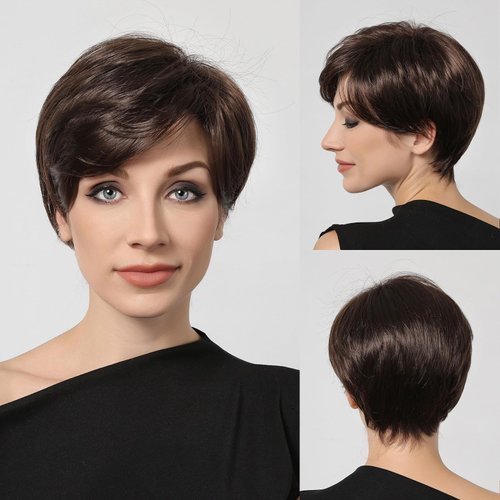starluck Pixie Cut Wig Short Natural black Wigs for White Women Brown Pixie Cut Wigs with Highlights Natural Looking Synthetic Hair Short Wig for Women