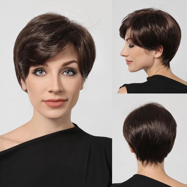 starluck Pixie Cut Wig Short Natural black Wigs for White Women Brown Pixie Cut Wigs with Highlights Natural Looking Synthetic Hair Short Wig for Women