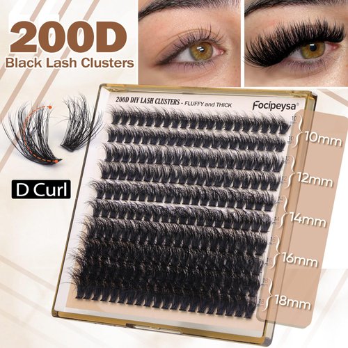 Focipeysa Lash Extension Kit Thick Eyelash Extension Kit 10-18mm Fluffy Lash Clusters 200D Individual Eyelashes Kit with Lash Bond, Lash Remover, Lash Applicator, DIY Lashes Extension