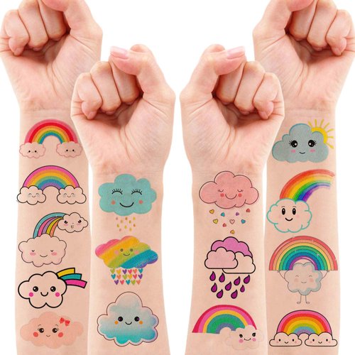 Generic 96 PCS Cute Cloud Temporary Tattoo Stickers Theme Pastel Rainbow Birthday Party Decorations Supplies Decor Favors Gifts for Boys Girls School Classroom Prizes Rewards