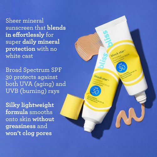 Bliss Block Star SPF 30 Invisible Daily Tinted Sunscreen with Zinc Oxide, Sunscreen & Makeup Primer - 100% Mineral Broad Spectrum Sunscreen with Titanium Dioxide and Antioxidant Blend,- 1.4 fl oz.