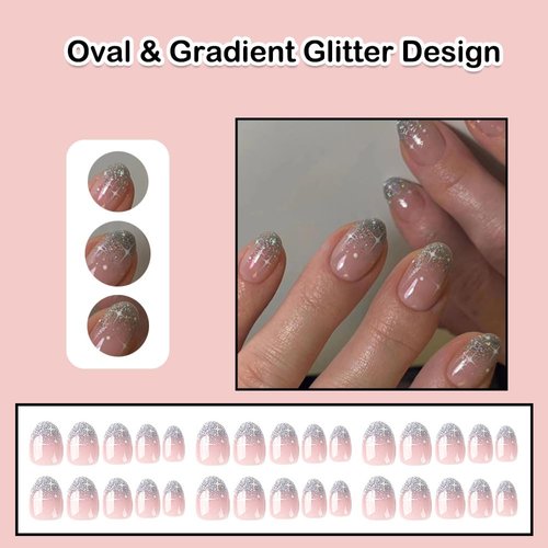 ANDGING Oval Press on Nails Short Ombre Silver Fake Nails with Gradient Glitter Design False Nails with Glue Acrylic Glue on Nails for Women Girls Gel Stick on Nails for Wedding Birthday 24Pcs DL1188