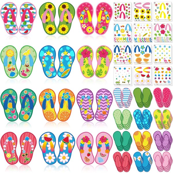Harloon 48 Set Flip Flop Craft Kits for Kids Summer DIY Flip Flop Sticker Art Craft Set Preschool Craft Kits Kids DIY Flip Flop Art Craft for Summer Hawaiian Party Classroom Home Game Activities Favor