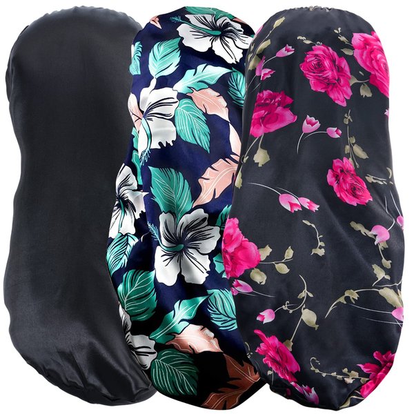 3 Pcs Long Satin Bonnet Sleep Cap,Extra Long Bonnet for Braids,Comfortable Braid Bonnet for Sleeping,Silk Bonnet for Women Dreadlocks,Long Hair,Soft Elastic Band (Black, Green, Red)