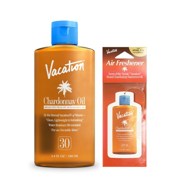 Vacation Chardonnay Oil SPF 30 + Air Freshener Bundle, Vegan Suntan Oil with Broad Spectrum SPF, Oxybenzone + Octinoxate Free Sunscreen Tanning Oil, TSA Friendly, Travel Size, 3.4 fl. Oz.