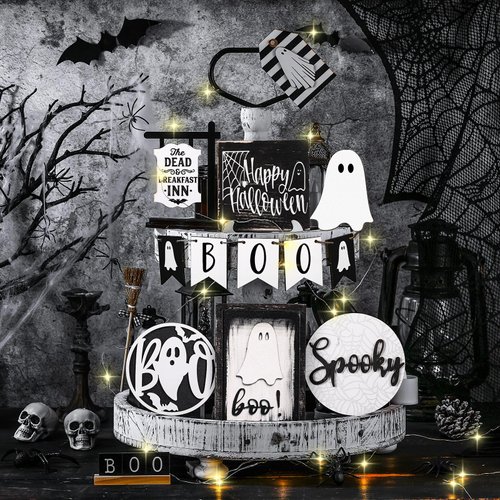 Wonderjune 19 Pcs Halloween Tiered Tray Decor Cute Ghost Tray Decorations Halloween Wooden Signs and Bead Garland Farmhouse Rustic Halloween Decorations for Home Table Party Supplies