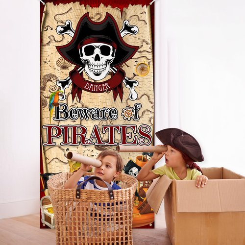 Avezano Beware of Pirates Banner Pirate Party Decorations Jewelry Map Pirates Door Cover Pirate Birthday Party Decorations for Indoor Outdoor