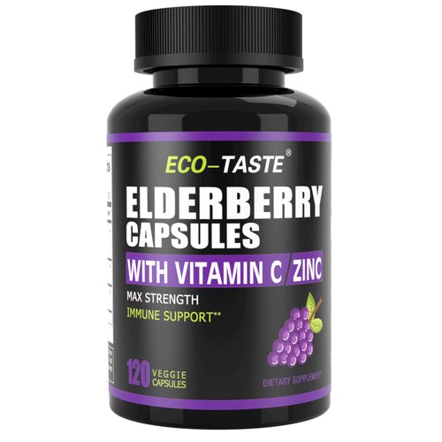 ECO-TASTE Elderberry Capsules with Zinc & Vitamin C - 120 Capsules, Sambucus Elderberries for Immune Support, Skin Health - Veggie Caps