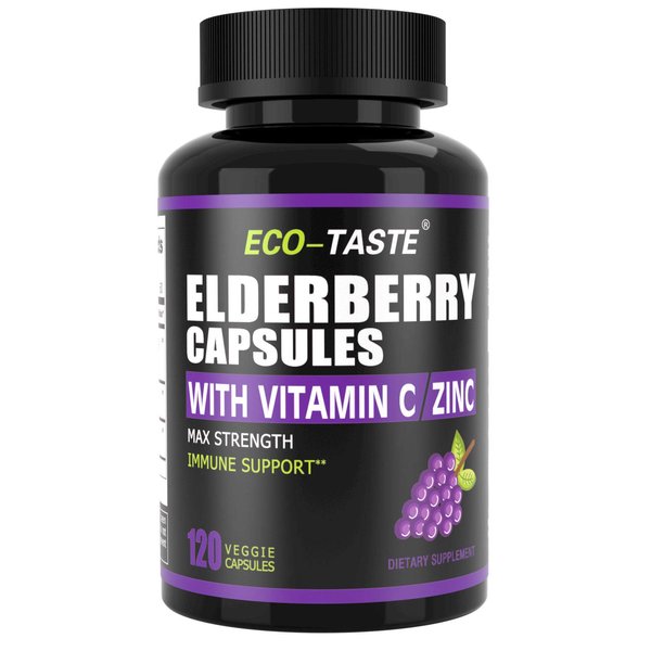 ECO-TASTE Elderberry Capsules with Zinc & Vitamin C - 120 Capsules, Sambucus Elderberries for Immune Support, Skin Health - Veggie Caps