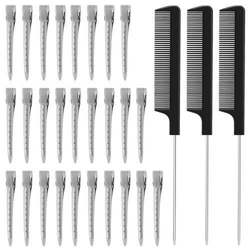 Mia Klein Metal Hair Clips 24Pcs Duckbill Clips for Women Hair Styling And Hair Roller(3.5inch Silver), Rust-proof, Clips with 3Pcs 8.6" Parting Combs for Styling Sectioning