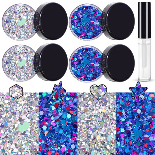 Silver and Purplish Blue Holographic Chunky Glitter Cosmetic Body Hair Face Eye Nail for Festival Carnival Concert Beauty Rave Accessories Different Shapes 4 Pots 32g/1.12oz+ Quick Dry Primer Glue Gel