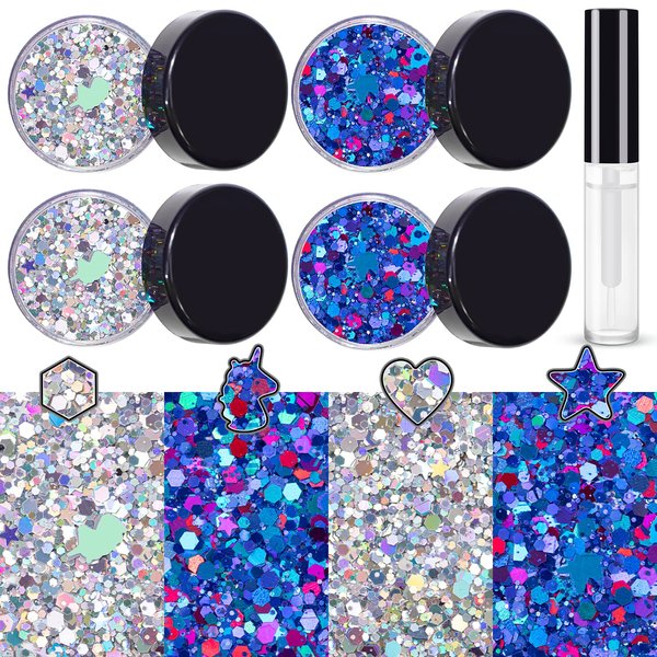 Silver and Purplish Blue Holographic Chunky Glitter Cosmetic Body Hair Face Eye Nail for Festival Carnival Concert Beauty Rave Accessories Different Shapes 4 Pots 32g/1.12oz+ Quick Dry Primer Glue Gel