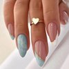 ANDGING French Tip Press on Nails Almond Short Medium White Fake Nails with Light Blue Marble Design Glue on Nails for Women Acrylic Gel Stick on Nails with Glue False Nails for Wedding Birthday 24Pcs