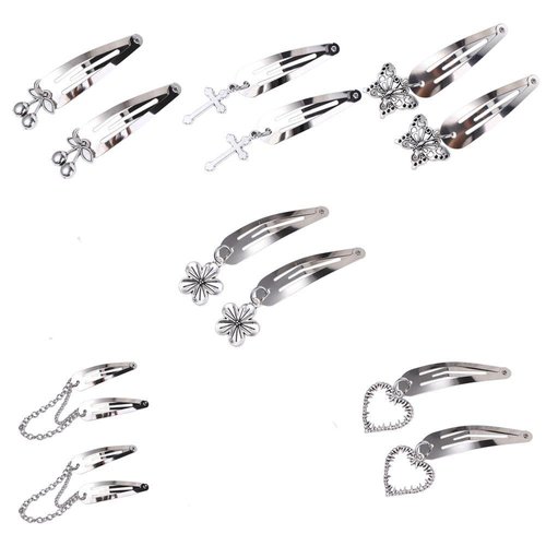 6 Pairs Metal Goth Hair Clips Silver Color Punk Hair Clip Heart Butterfly Pendant Snap Hair Clips Gothic Halloween Barrettes for Women Girls Cool Accessories