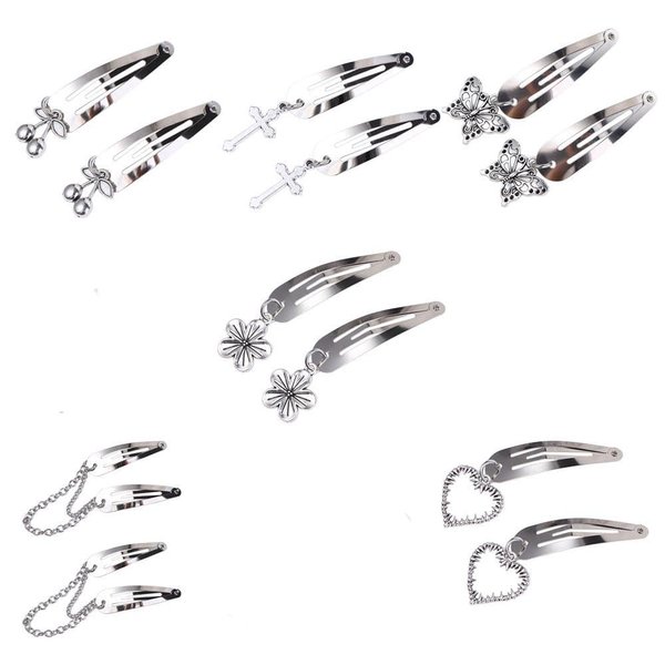 6 Pairs Metal Goth Hair Clips Silver Color Punk Hair Clip Heart Butterfly Pendant Snap Hair Clips Gothic Halloween Barrettes for Women Girls Cool Accessories