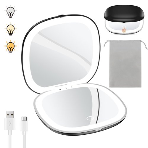 Benbilry 3.9" Rechargeable Compact Makeup Mirror with 3 Light Colors and Magnification 1X / 10X, Double Light Strip Dimmable Travel Makeup Mirror LED Compact Mirror Small Purse Mirror, Black