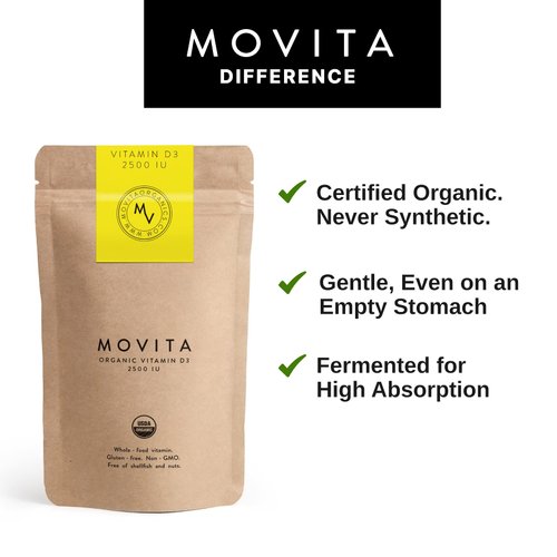 Movita Certified Organic Vitamin D3 2500IU - Fermented Whole Foods, Vitamins, and Minerals - Organic, Vegan-Friendly, Gluten-Free, & Non-GMO - 30 Day Supply