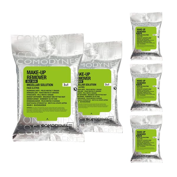 (5 Pack) COMODYNES Make-Up Remover Oily & Combination Skin,Wipes - Regulate And Purify The Skin - Green Tea Extract