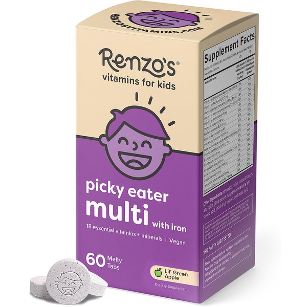 Renzo’s Picky Eater Kids Multivitamin with Iron - Dissolving Kids Vitamins with Vitamin D3 & K2 and More - 60 Sugar-Free Melty Tabs, Lil’ Green Apple Flavored