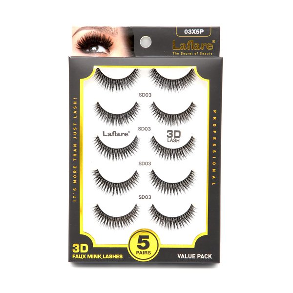 Laflare Premium Silk Lashes 3D Faux Mink Eyelashes Multipack, Light, Natural Looking, Professional Easy to Apply Eyelashes in a Knitted Style 5 Pairs Value Pack (03X5P)