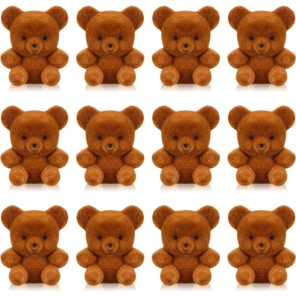 Hungdao 12pcs Valentine's Day Miniature Flocked Plush Mini Bear Stuffed Bear Decorations for Birthday Cake Wedding Decor Party Favor Supplies Bag Charm DIY Accessory 1 Inch(Dark Brown)