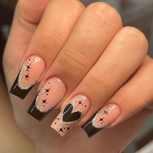 Vezocim Medium Press on Nails Square, 24Pcs Black Fake Nails Acrylic Nails Press on Glossy French Tips Glue on Nails with Heart and Star Designs False Nails with Glue Artificial Nails for Women