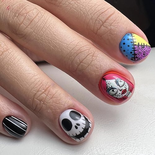 Halloween Press on Nails Short Square MABKJLF Fake Nails Full Cover Nightmare Before Christmas Nails Bad Girl False Nails with Designs Glossy Glue on Nails Artificial Nails for Women Girls 24Pcs