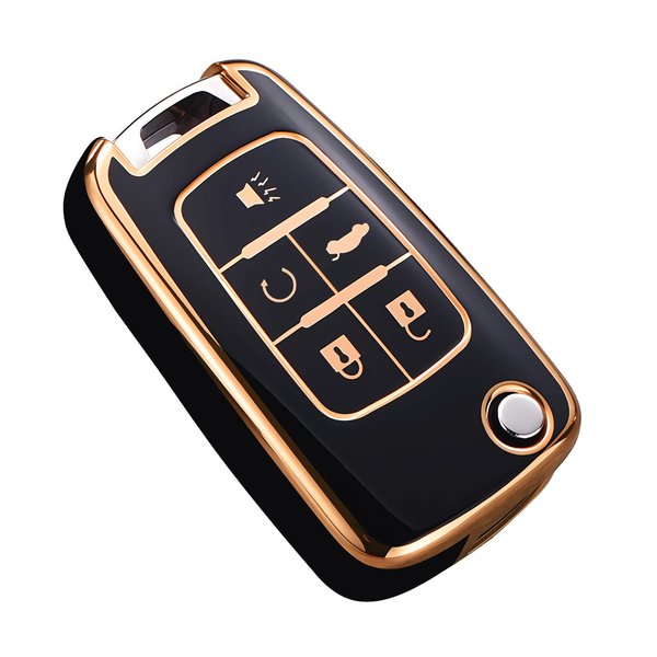 Cacacar for Chevy Key Fob Cover, Premium TPU Full Protection Key Fob Case for Chevrolet Equinox Camaro Cruze Malibu Sonic Buick Terrain (5 Buttons Black)