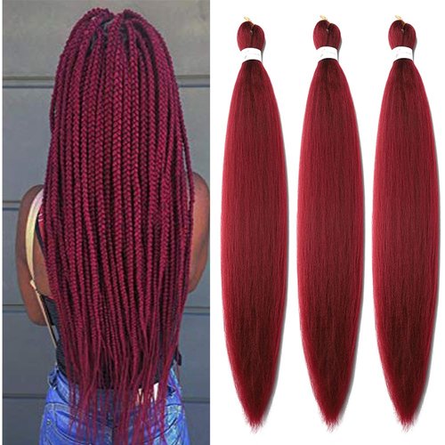Pre Stretched Braiding Hair 26 Inch Ombre Red Kanekalon Braiding Hair Extensions Hot Water Setting Crochet Box Braids Hair Burgundy (26 Inch (Pack of 3), Wine Red)