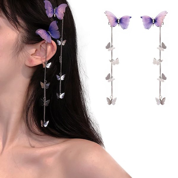 wufawutian Butterfly Hair Pin, 1Pair Purple Hanging Ear Butterfly Girl Hair Styling Clip Headdress Accessory1