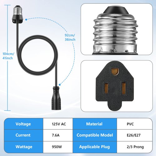 3 Outlet Light Socket Adapter, Convert E26/E27 Bulb Socket to 3 Prong Outlet with Extension Cord, Flexible Light Socket Converter Suitable for Indoor Outdoor Porch Garage Patio Use (Black, 1 Pcs)