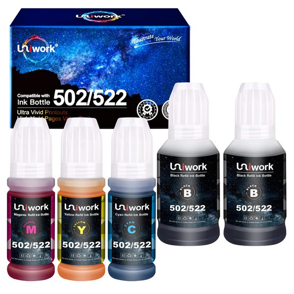 Uniwork Compatible 502 Ink Bottles Replacement for Epson 502 T502 522 Ink Refill Bottles to use with ET-15000 ET-2760 ET-3710 ET-2750 ET-3700 ET-4760 ET-3750 ET-3760 Printers 5 Pack