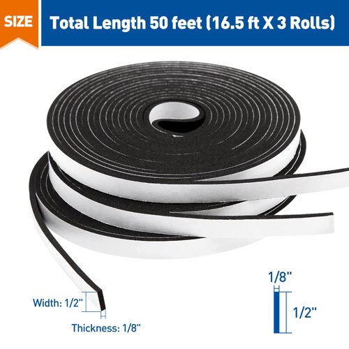 MAGZO Weather Stripping Door Seal, 1/2 Inch Wide X 1/8 Inch Thick Adhesive Foam Tape Soundproof Weatherstripping for Windows, 3 Rolls Total 50FT Black
