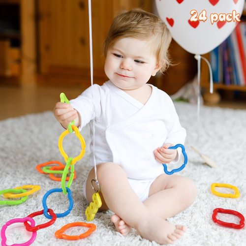 KAKIBLIN Baby Links Rings, Baby Toys Links, Hanging Stroller Ring Toy,Connecting Baby Rings Toy Links for Car Seat,Baby Stroller 24 Pcs, Ages 0 Months Plus,Travel Accessory Set (24 pcs Multicolor)