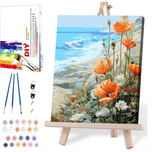 Paint by Numbers for Adults Beginner Flowers,Paint Number Kits Poppies and Daisies Adult,Paint by Number Sea View Adult Paint by Number Kits DIY Oil Painting Kits Gift, 12 x16 Inch（Include Framed）
