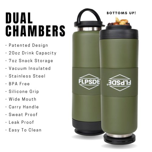 FLPSDE Dual Chamber Water Bottle | Drink+Snack | Vacuum Insulated Stainless Steel | Made for Adventure (Evergreen)