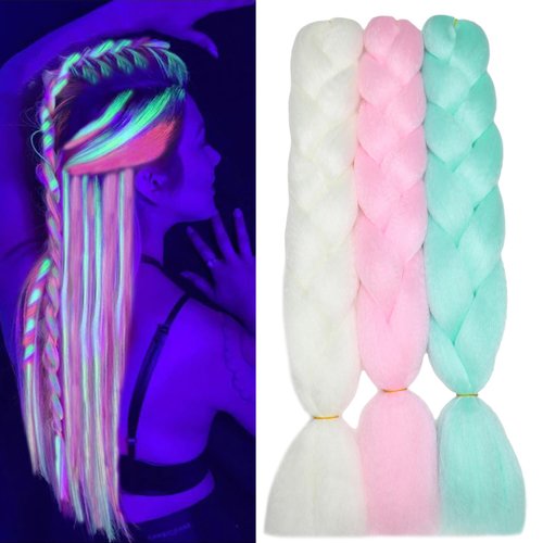 Colorful Braiding Hair Kanekalon Jumbo Braid Hair Extensions Glow in the Dark Hair 24inch 3pcs Muti Colored Braiding Hair Extension for Braiding Rainbow Glowing Braiding Hair(White/Pink/Green)
