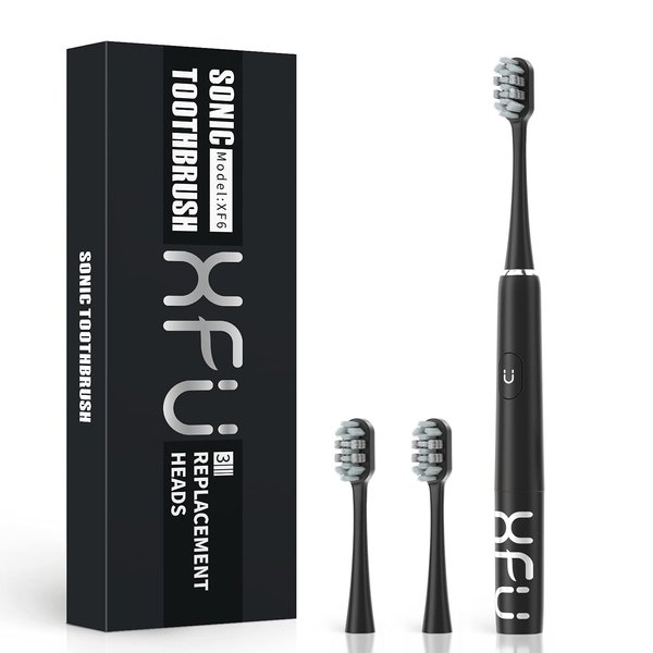 XFU Sonic Electric Battery Toothbrush for Adults and Kids, 3 Brush Heads, with 3 Modes and Waterproof IPX7, Bulid in 2 Mins Timer 24,000 VPM XFU-2007 (2007 Black)