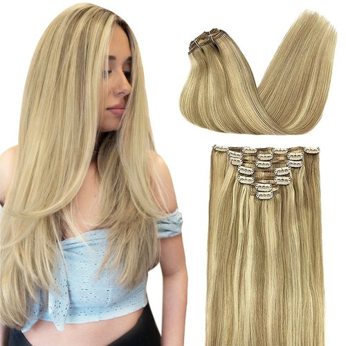 DOORES Clip in Human Hair Extensions Balayage Light Blonde Highlighted Golden Blonde 7pcs 120g Real Hair Extensions Clip in Natural Hair Extensions Straight Thick 20 Inch