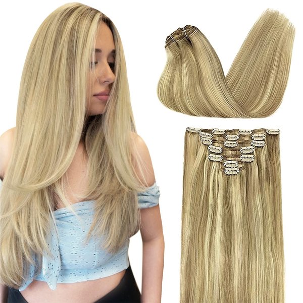 DOORES Clip in Human Hair Extensions Balayage Light Blonde Highlighted Golden Blonde 7pcs 120g Real Hair Extensions Clip in Natural Hair Extensions Straight Thick 20 Inch