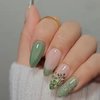 24 Pcs Green Cat Eye Press on Nails Short Almond - MINGCHUN Summer Fake Nails Press ons French Nail Tip Glitter Flower Butterfly Full Cover False Nails Glue on Nails Stick on Nails Acrylic Nail Art