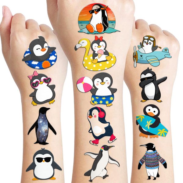 100 PCS Funny Summer Penguin Temporary Tattoos Sticker Animal Penguin Birthday Party Decorations Supplies Favors Gifts Girls Boys Baby Showers Prizes Cute Tattoo School Reward Themed Christmas Winter