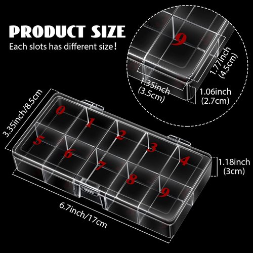 2 Pieces Nail Tip Box False Empty Nail Tips Organizer Storage Box with 10 Number Spaces Storage Case Container Nail Box Plastic Grid Box for Fingernail Crystal, Jewelry, Nail Accessories (Clear)