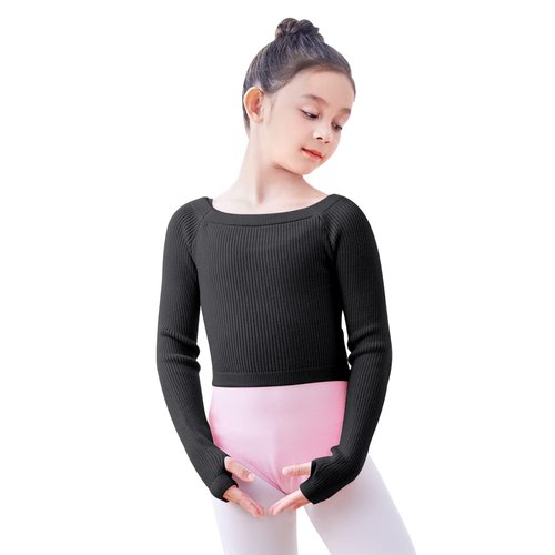 Daydance Boat Neck Black Girls Ballet Sweater Long Sleeve Cropped Pullover Dance Shrug for Leotards with Thumb Holes