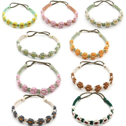 FZBNSRKO 3 Pcs Elastic Braided Headbands,Colorful Floral Crochet Hair Bandana,Breathable Floral Elastic Handmade Crochet Head Wrap for Women/Girls(Randomly Match Colors)
