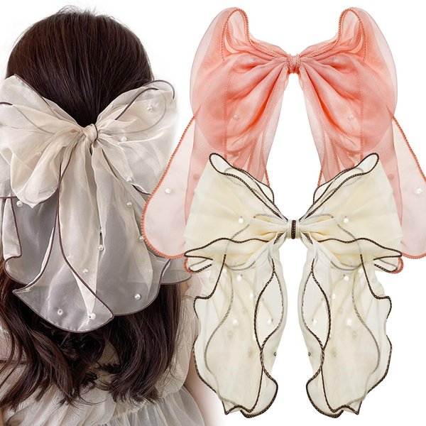 2 PACK Chiffon Big Bow Hair Clip, Big Bowknot Pearl Hair Barrettes French Hairpin Snap Hair Clasps Cute Tulle French Hair Styling Accessories for Women Girls (White + Pink)